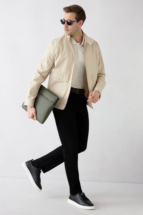 Stone Stand-Up Collar Snap-Button Pocket Zippered Cotton Seasonal Jacket