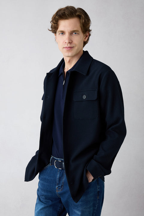 Koyu Lacivert Düğmeli Cepli Desenli Mevsimlik Ceket / Mont