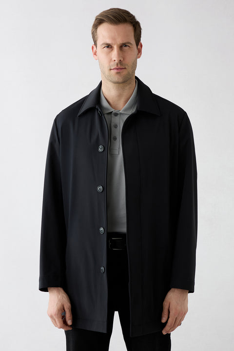 Black Zipper Pocket Button Classic Overcoat & Trench Coat