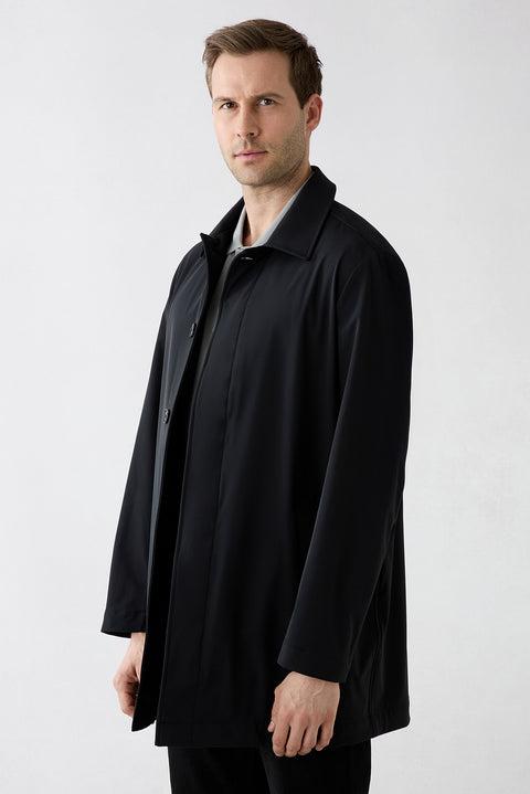 Black Zipper Pocket Button Classic Overcoat & Trench Coat