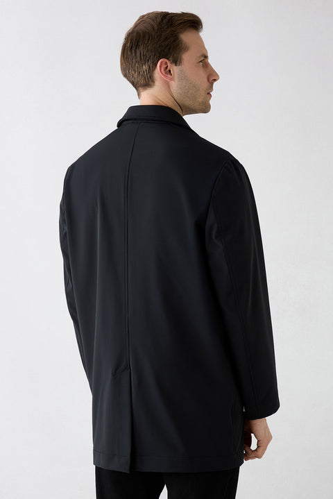Black Zipper Pocket Button Classic Overcoat & Trench Coat
