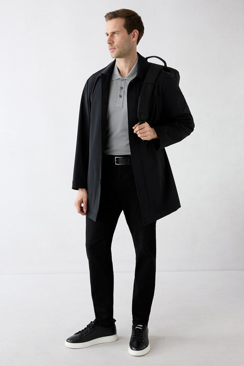 Black Zipper Pocket Button Classic Overcoat & Trench Coat