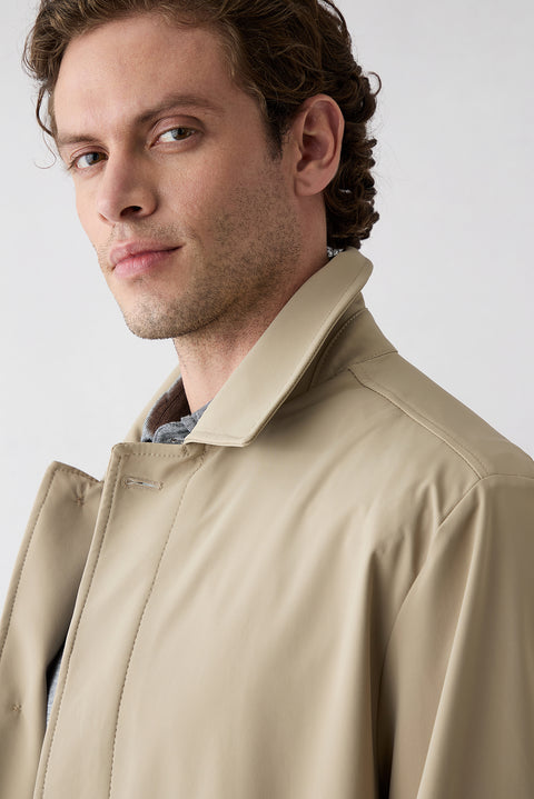 Open Beige Zipper Pocket Buttoned Classic Overcoat & Trench Coat