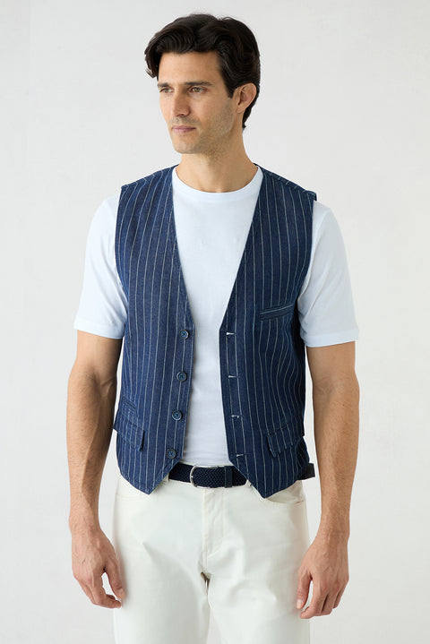 Dark Navy Regular Fit V-Neck Cotton Vest