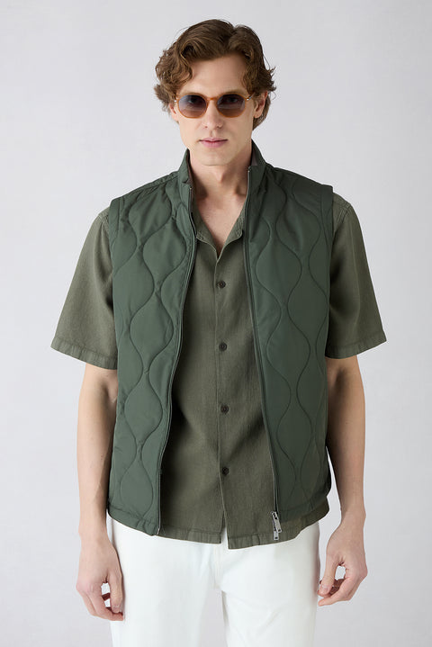 Orta Haki Dik Yaka Cepli Fermuarlı Kapitone Spor Yelek