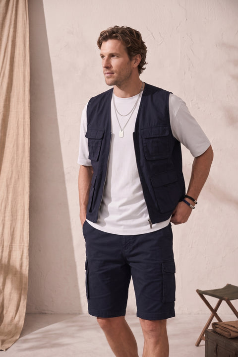 Mid-Navy V-Neck Pocketed Zippered Safari Sport Vest
