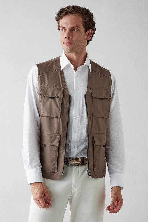 Medium Mink V-Neck Pocketed Zippered Safari Sport Vest