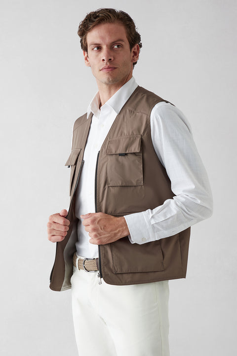 Medium Mink V-Neck Pocketed Zippered Safari Sport Vest
