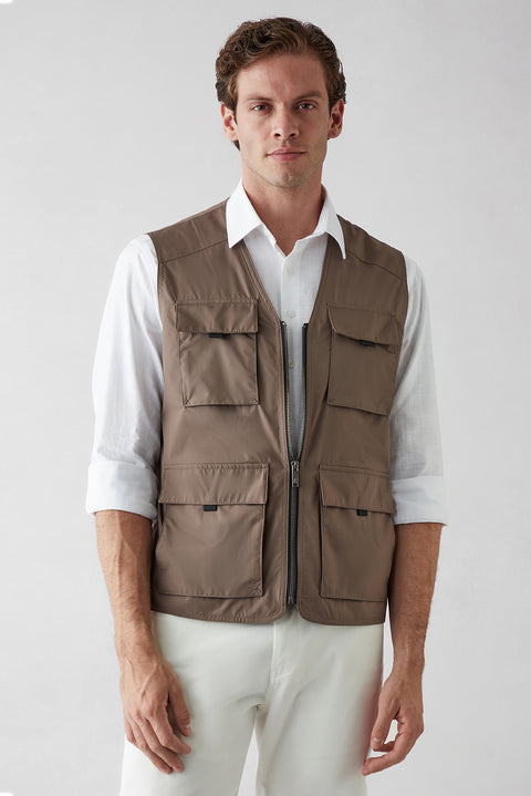 Medium Mink V-Neck Pocketed Zippered Safari Sport Vest
