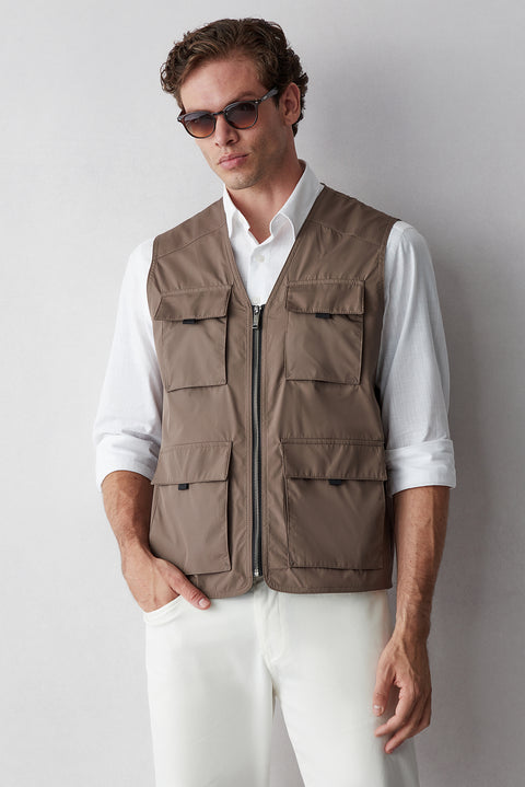 Medium Mink V-Neck Pocketed Zippered Safari Sport Vest