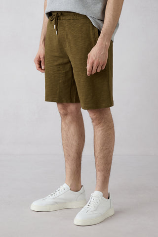  Orta Haki Beli Lastikli İpli Örme Diz Boy Pamuk Spor Sweat Şort