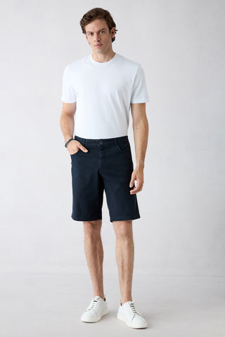  Koyu Lacivert Regular Fit Standart Kesim Düz Pamuklu 5 Cep Bermuda Şort