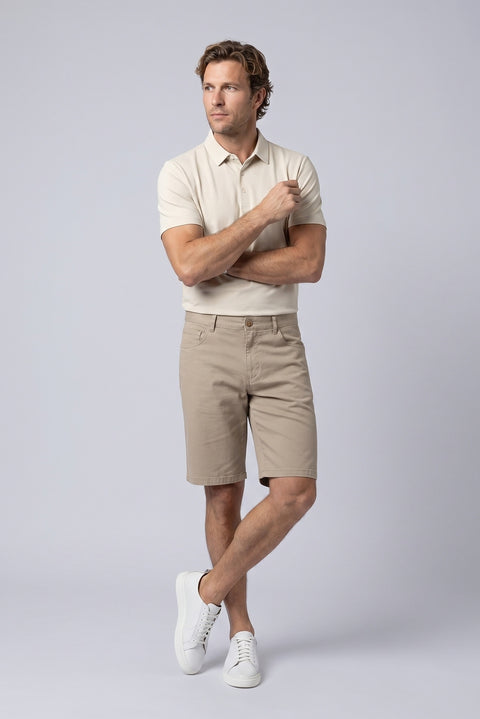 Orta Bej Regular Fit Standart Kesim Düz Pamuklu 5 Cep Bermuda Şort
