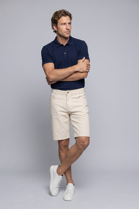 Krem Regular Fit Standart Kesim Düz Pamuklu 5 Cep Bermuda Şort