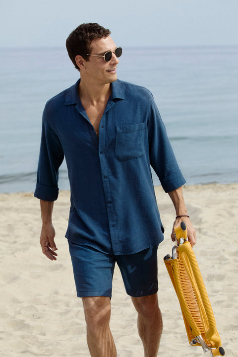 Dark Navy Regular Fit Elasticated Waist Linen Blend Striped Bermuda Shorts