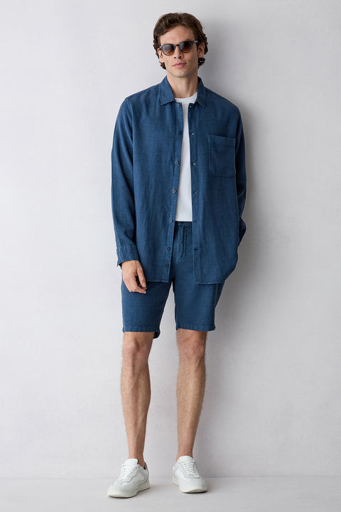 Dark Navy Regular Fit Elasticated Waist Linen Blend Striped Bermuda Shorts