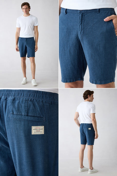 Dark Navy Regular Fit Elasticated Waist Linen Blend Striped Bermuda Shorts