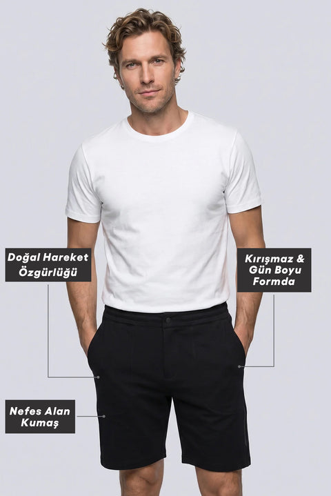 Siyah Techno-Line Regular Fit Çıtçıtlı Beli Lastikli Örme Esnek Sweat Şort