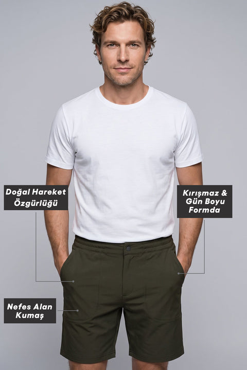 Orta Haki Techno-Line Regular Fit Çıtçıtlı Beli Lastikli Örme Esnek Sweat Şort