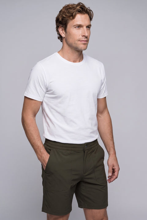 Orta Haki Techno-Line Regular Fit Çıtçıtlı Beli Lastikli Örme Esnek Sweat Şort