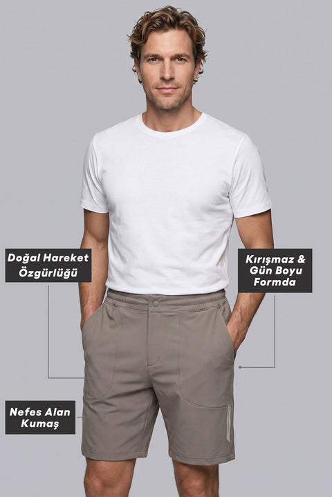 Orta Vizon Techno-Line Regular Fit Çıtçıtlı Beli Lastikli Örme Esnek Sweat Şort