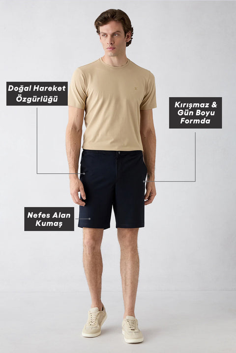 Koyu Lacivert Techno-Line Regular Fit Çıtçıtlı Beli Lastikli Örme Esnek Sweat Şort