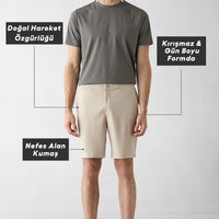 Açık Bej Techno-Line Regular Fit Çıtçıtlı Beli Lastikli Örme Esnek Sweat Şort