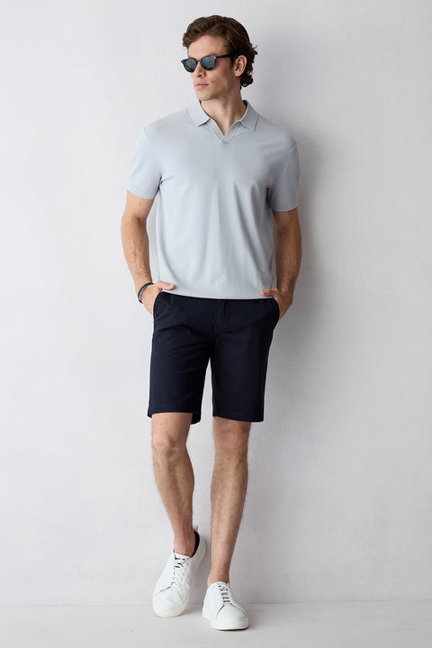 Orta Lacivert Regular Fit Standart Kesim Yan Cepli Pamuklu Bermuda Şort