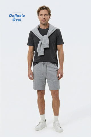  Orta Gri Melanj Beli Lastikli İpli Cepli Penye Kumaş Pamuklu Spor Sweat Şort