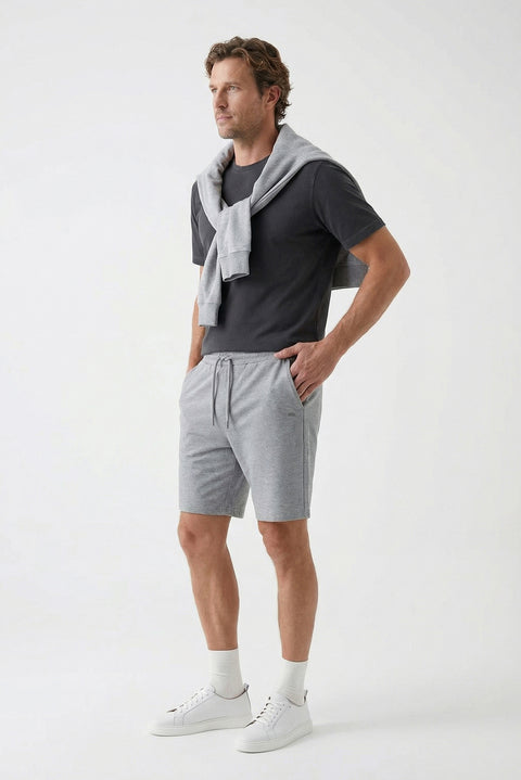 Orta Gri Melanj Beli Lastikli İpli Cepli Penye Kumaş Pamuklu Spor Sweat Şort