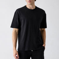 Black Crew Neck Oversized Printed Embroidered Cotton T-Shirt