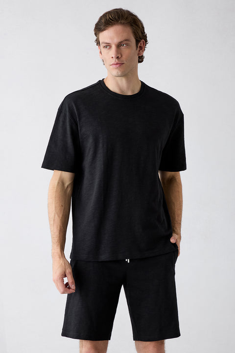 Black Crew Neck Oversized Printed Embroidered Cotton T-Shirt