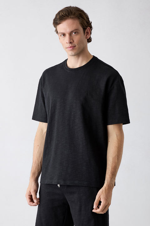 Black Crew Neck Oversized Printed Embroidered Cotton T-Shirt