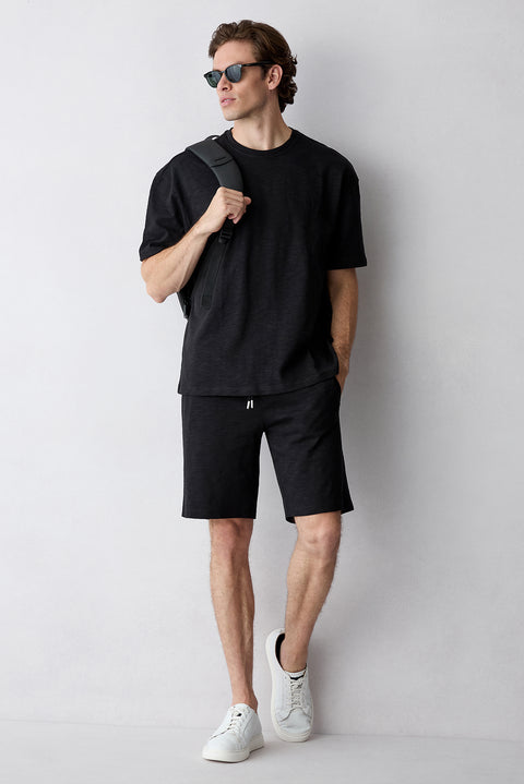 Black Crew Neck Oversized Printed Embroidered Cotton T-Shirt