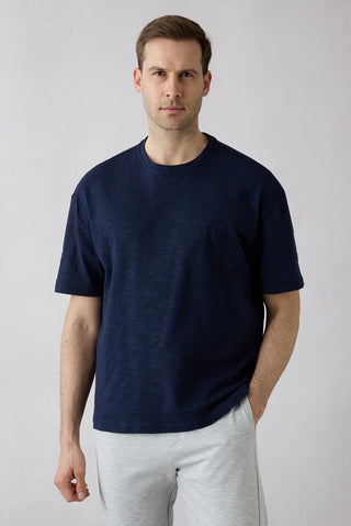  Koyu Lacivert Bisiklet Yaka Oversize Baskılı Nakışlı Pamuk Tişört