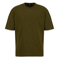Medium Khaki Crew Neck Oversize Printed Embroidered Cotton T-Shirt