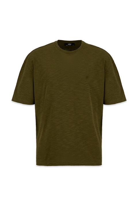 Medium Khaki Crew Neck Oversize Printed Embroidered Cotton T-Shirt