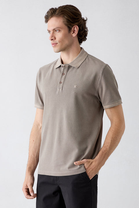 Orta Kahve Regular Fit Düğmeli Polo Yaka Nakışlı %100 Pamuk Tişört