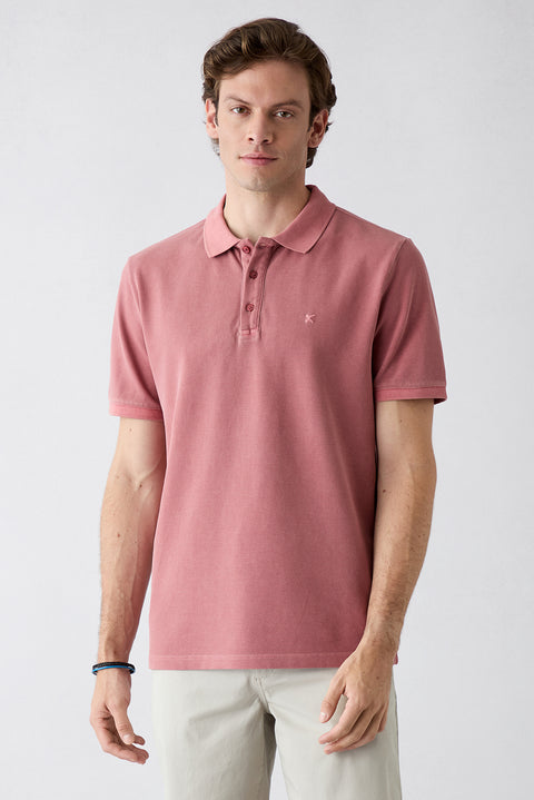 Tile-colored Polo Collar Regular Fit Cotton T-shirt
