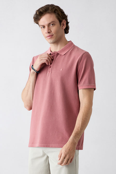 Tile-colored Polo Collar Regular Fit Cotton T-shirt