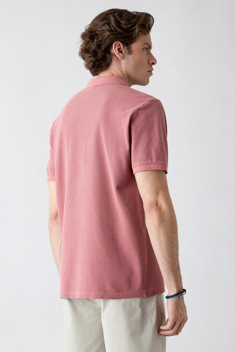 Tile-colored Polo Collar Regular Fit Cotton T-shirt