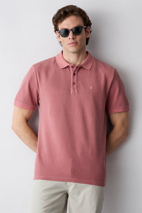 Tile-colored Polo Collar Regular Fit Cotton T-shirt