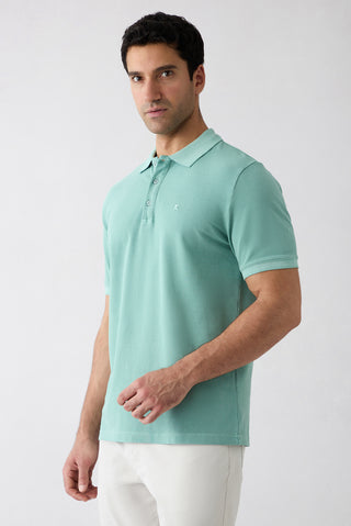  Çağla Yeşili Regular Fit Düğmeli Polo Yaka Nakışlı %100 Pamuk Tişört
