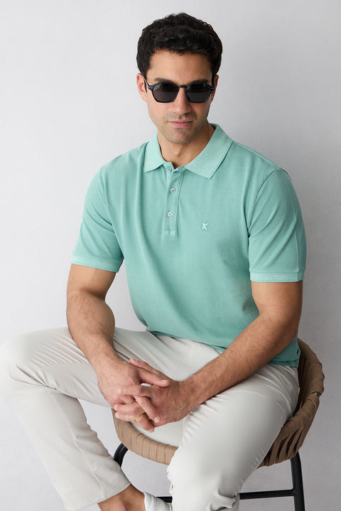 Light Green Polo Collar Regular Fit Cotton T-shirt