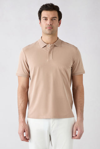  Orta Bej Regular Fit Çıtçıtlı Polo Yaka Ribana Detaylı Lyocell Karışımlı Örme Tişört