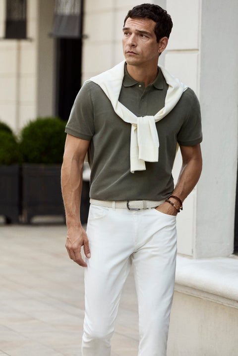 Medium Khaki Regular Fit Snap-Button Polo Collar Ribbed Lyocell Blend T-Shirt