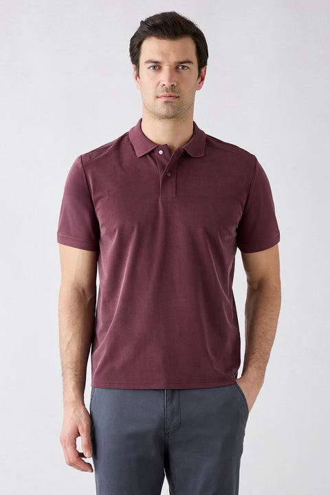 Dark Burgundy Regular Fit Snap-Button Polo Ribbed Lyocell Blend T-Shirt