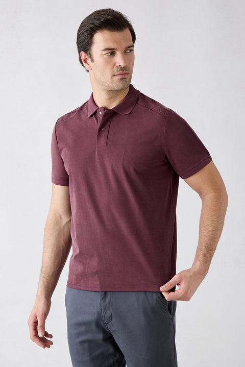 Dark Burgundy Regular Fit Snap-Button Polo Ribbed Lyocell Blend T-Shirt