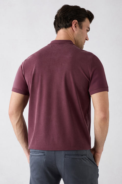 Dark Burgundy Regular Fit Snap-Button Polo Ribbed Lyocell Blend T-Shirt