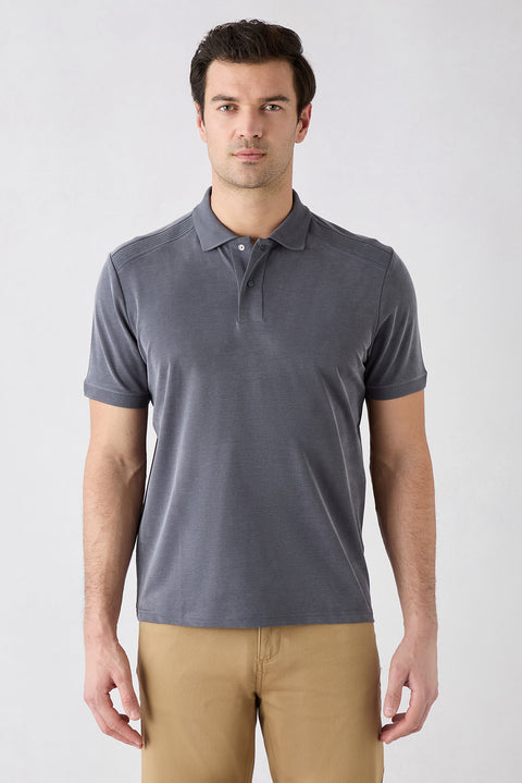 Orta Antrasit Regular Fit Çıtçıtlı Polo Yaka Ribana Detaylı Lyocell Karışımlı Tişört